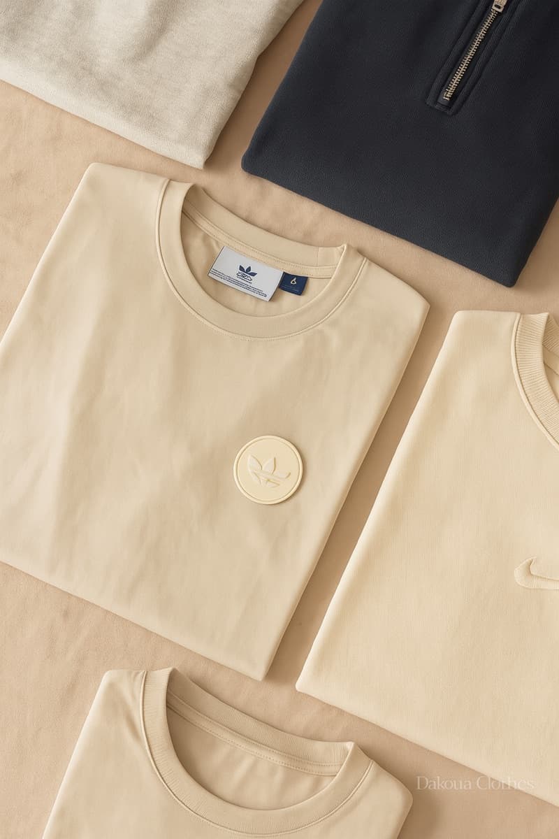 Camiseta beige Adidas doblada sobre fondo neutro