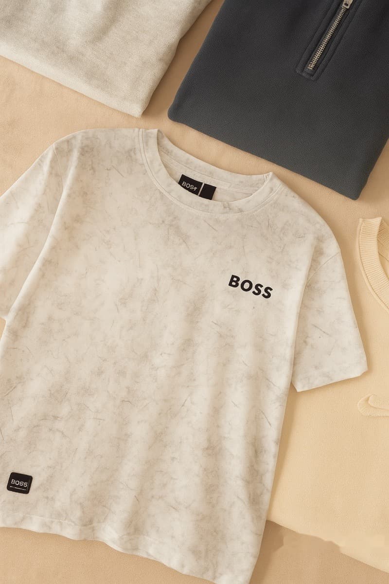 Camiseta blanca marmolada Boss sobre fondo claro